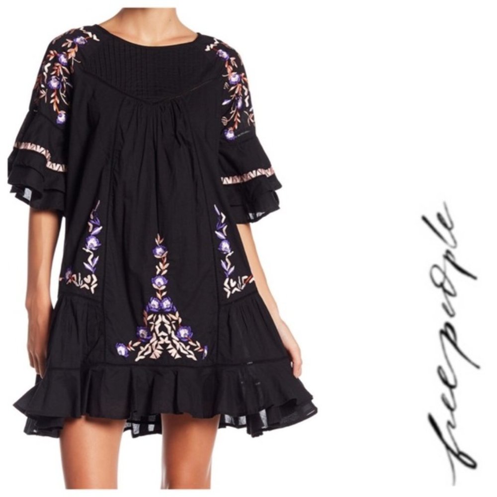 FREE PEOPLE Black Pavlo Floral Embroidery Dress